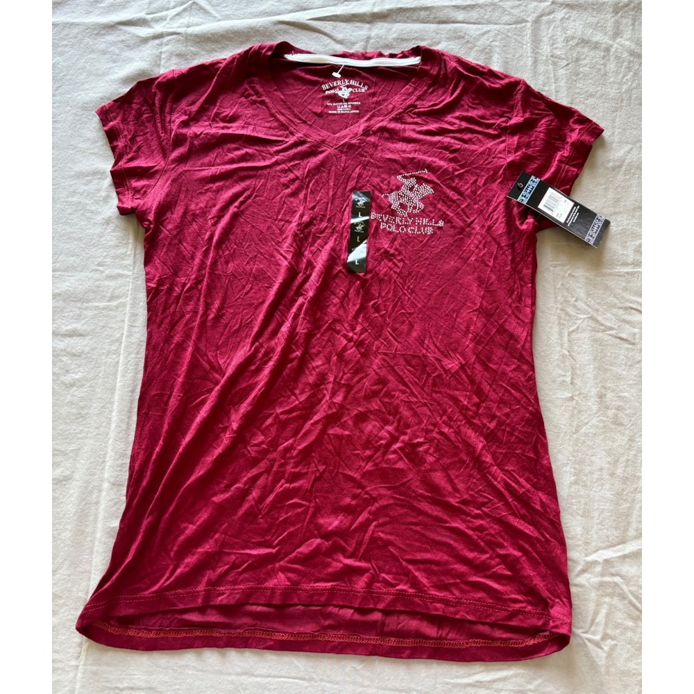 Beverly Hills Polo Club Womens V-Neck Rhinestone Logo T-Shirt Burgundy Large NEW
